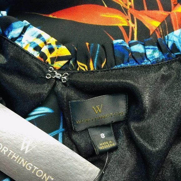 Worthington Cold Shoulder Dress Black Blue Orange Red Hawaiian Palm Floral 8 - Picture 4 of 12